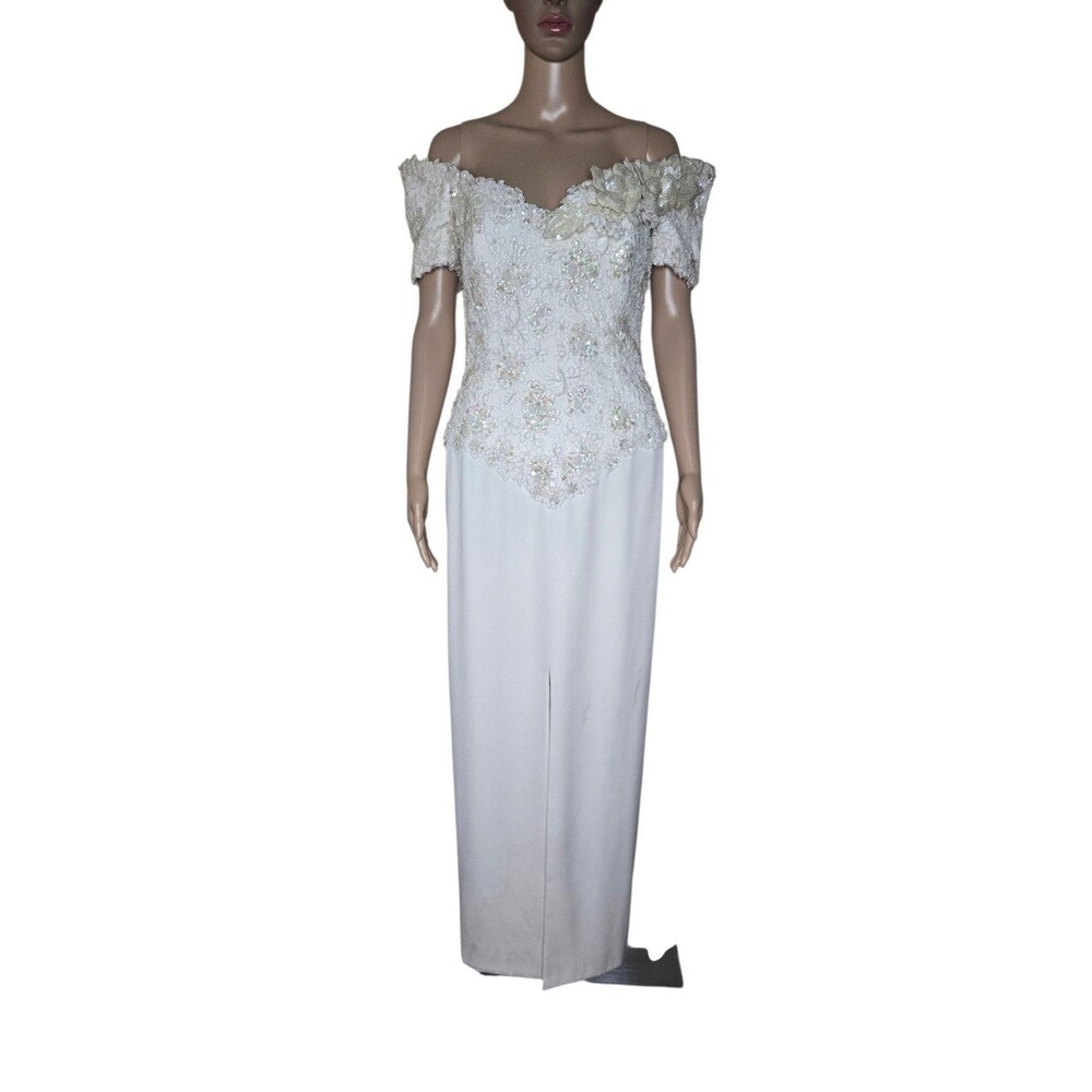 Vintage Yoly Munoz Womens White Beaded Lace Wedding Mother Of The Bride Dress 10